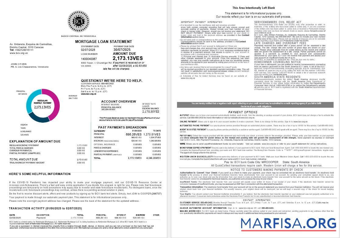 Downloadable Venezuela Banco Central de Venezuela bank mortgage loan statement in Word and PDF formats , 4 pages 1 2 example
